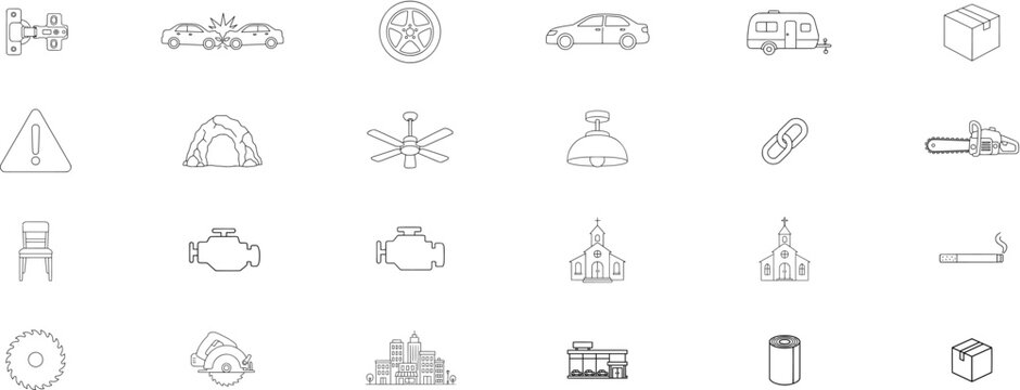 24 Hand-Traced Minimalist Line Vector Icon Collection Bundle &ndash; Single EPS File Featuring Hand-Drawn Outline Icons for Automotive, Home, Travel, Safety and Professional Graphic Design Projects