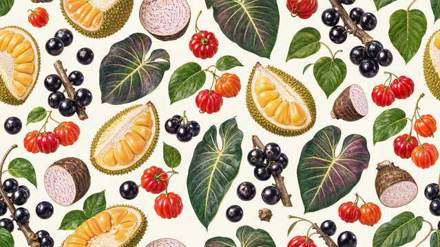 Seamless Fruit Pattern with Jabuticaba Pitanga Marang and Taro Leaves