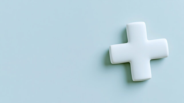 Minimalist white plus symbol against a soft blue background, representing health, positive growth, solution, add, and medical concepts with copy space