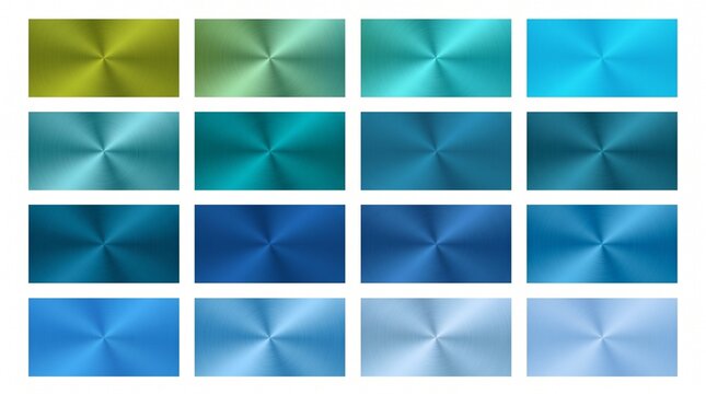 Metallic blue conical gradient collection, 16 brushed metal texture swatches, teal and cyan radial foil backgrounds for industrial graphic design