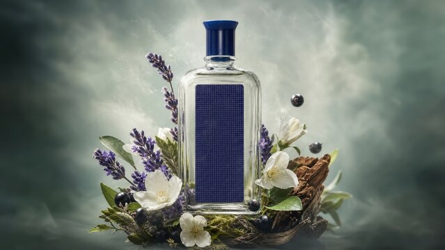 Perfume bottle mockup floating with lavender and jasmine on smoky background