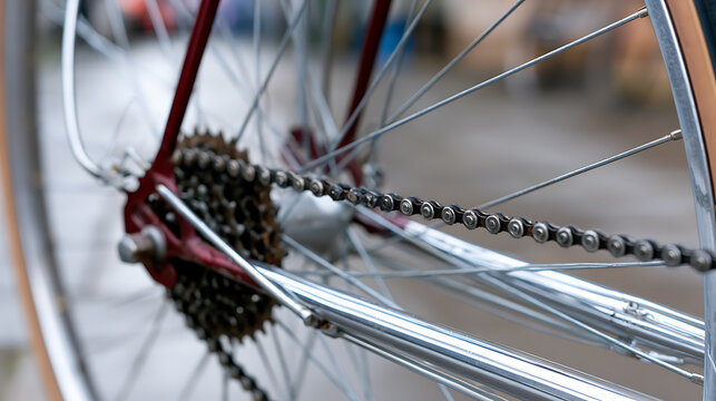 Close-up Detail of Bicycle Rear Wheel with Drive Train Components, Chain, Sprockets, and Spokes on a Vintage Bike