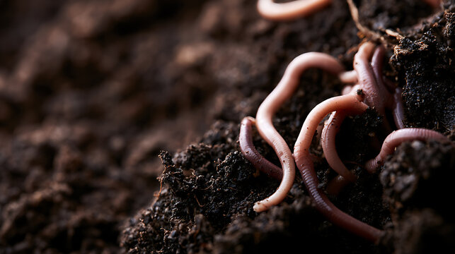 Macro view of earthworms in rich, dark soil, showcasing their natural habitat and vital role in a healthy garden ecosystem, close up