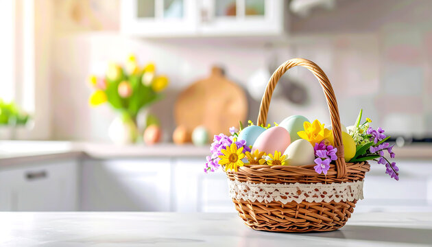 Osterkorb mit bunt gef&auml;rbten Ostereiern und Fr&uuml;hlingsblumen auf einem Tisch in der K&uuml;che
