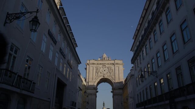 Looking Toward Rua Augusta Arch in Lisbon Portugal During Summer Golden Hour Shot with Cinema Camera