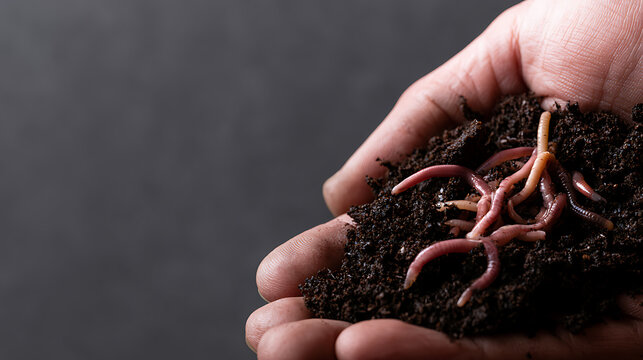Close-up of a human hand delicately holding a handful of dark, nutrient-rich soil, teeming with live composting worms (Lumbricus terrestris)