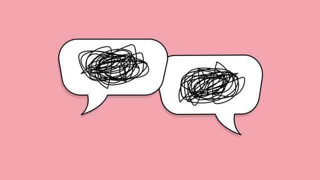Two speech bubbles contain changing animated scribbles, representing confusion, miscommunication, unclear dialogue, and communication breakdown