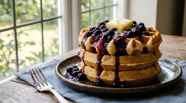 Stacked golden waffles topped with blueberries, syrup, and melting butter sit on a plate by a bright window, perfect for breakfast menus and brunch advertising.