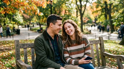 Fototapeta premium A smiling young couple shares earbuds and a smartphone on a wooden park bench in autumn, conveying friendship, dating, and mobile music lifestyle marketing.
