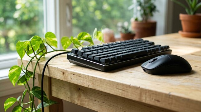 Black keyboard and mouse sit on a wooden desk beside trailing houseplants and a bright window, useful for home office, remote work, or workspace design.