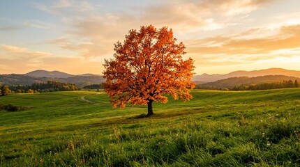 Obraz premium A solitary orange autumn tree stands in a green rolling meadow at golden sunset with distant hills, ideal for seasonal travel, nature, and wellness campaigns.
