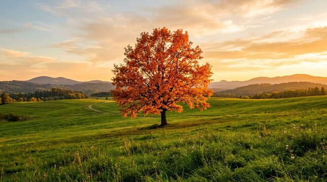 A solitary orange autumn tree stands in a green rolling meadow at golden sunset with distant hills, ideal for seasonal travel, nature, and wellness campaigns.
