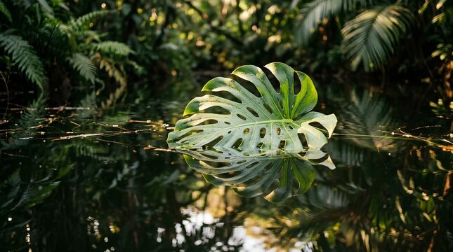 A large split monstera leaf floats on still tropical water with a clear reflection, suited to nature, wellness, spa, and botanical design campaigns.