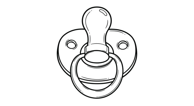 Detailed black and white line art drawing of a classic baby pacifier or dummy isolated on a clean white background.