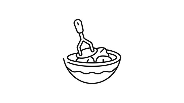 Minimalist outline animation of potato masher in bowl drawing on and fading out. Features a clean pop up style in 3 color setups.