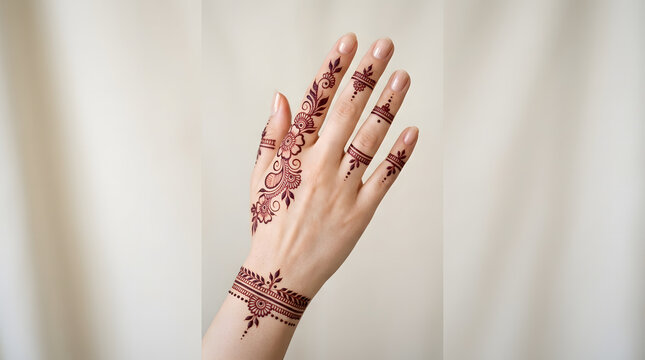 A close up of a woman hand decorated with intricate dark red henna tattoo design on beige background
