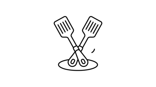 Minimalist outline animation of crossed spatula turners drawing on and fading out. Features a clean pop up style in 3 color setups.