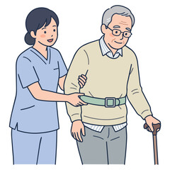 Fototapeta premium 歩行リハビリを支える理学療法士と高齢男性のイラスト 杖 歩行訓練 介助 機能回復