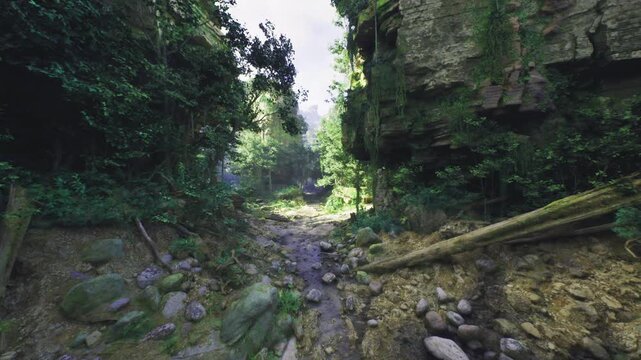 Ancient limestone ravine with exposed strata, boulder fields, sediment layers, erosion patterns, rugged textures, ideal for geology, education, and research