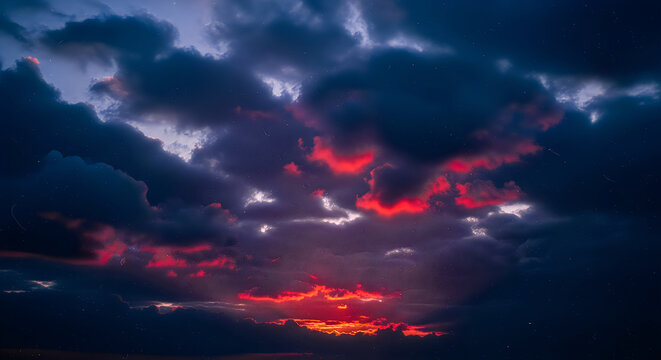 Dramatic dark storm clouds illuminated by a vibrant red sunset creating a moody and atmospheric sky background for creative design projects
