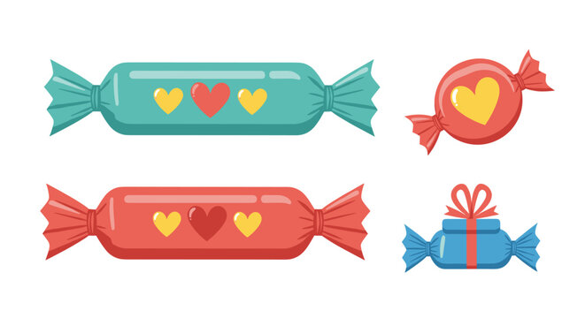 Assortment of colorful wrapped candies features heart patterns on teal red and blue wrappers in a playful cartoon style.