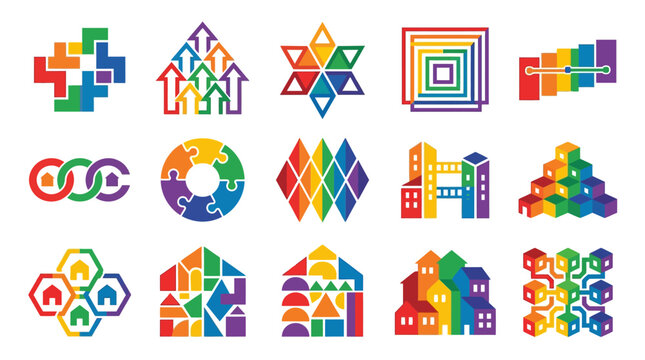 Abstract colorful geometric logo icons set for corporate branding identity.
