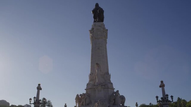 Low Angle View of Marques de Pombal Monument in Lisbon Portugal During Summer Golden Hour Shot with Cinema Camera