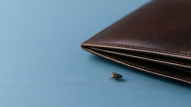 Tiny housefly, Musca domestica, near a closed, dark brown leather wallet on a vibrant light blue background, finance concept