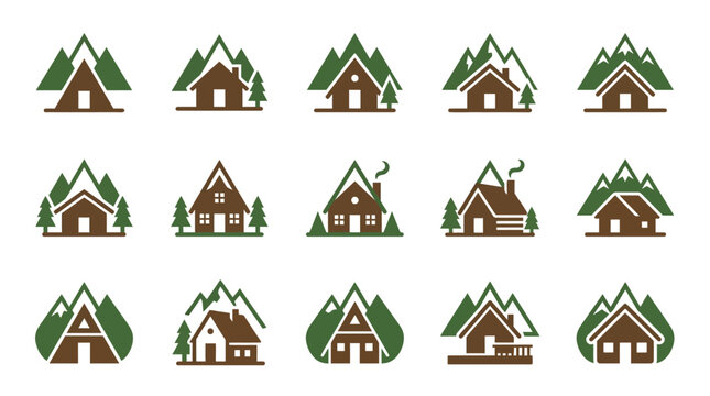 Circular framed mountain cabin and forest nature icons.