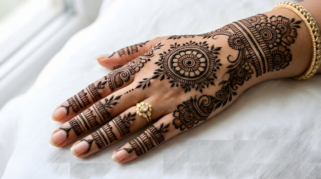 Beautiful intricate henna tattoo design on a woman hand resting on a white fabric background
