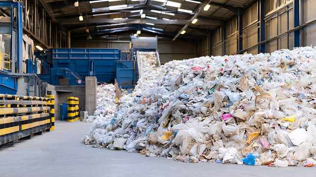 Massive pile of plastic waste ready for recycling in a large industrial facility with machinery in the background: an environmental challenge
