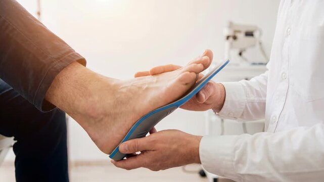 A medical specialist measures a client's foot to create a custom insole. Steps include measuring, shaping, and fitting for comfort. The process occurs in a clinical scene