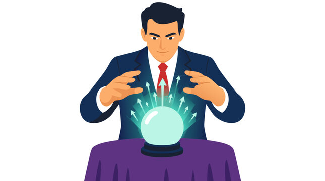 Vector illustration of a professional businessman in a suit gazing into a glowing crystal ball with rising arrows, symbolizing business forecasting, future growth, strategic planning, and market