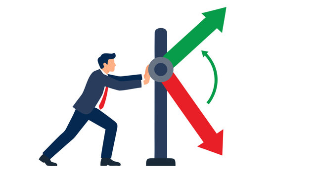 Confident businessman turning signpost arrow from red decline to green growth, representing successful business transformation, positive market trends, and recovery strategy implementation