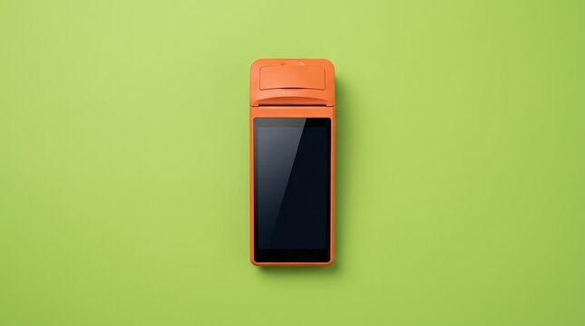 An orange payment terminal positioned on a solid green background.