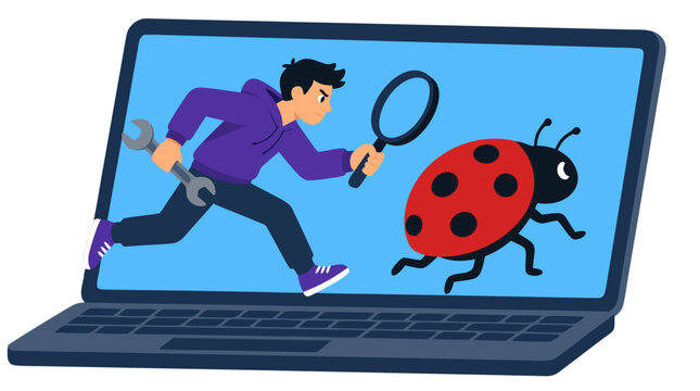 A focused young software developer in a purple hoodie runs inside a laptop screen chasing a giant red ladybug while holding a wrench and magnifying glass to fix software bugs and technical errors.