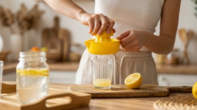 Young woman preparing refreshing lemon infused water in a bright kitchen.