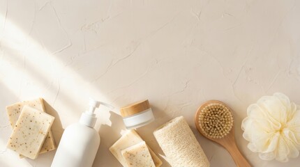 Obraz premium Flat lay composition with cosmetic products and bath supplies on a light background.