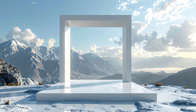 minimalist white frame and podium on snow-covered mountain landscape, sunlit sky and clouds