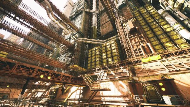 sunlit intersection of platforms and pipes with strong highlights and deep shadows, energetic contrast emphasizes industrial textures, photographer imagined