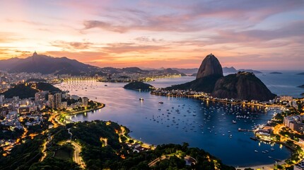 Fototapeta premium Iconic rounded mountain peak overlooking a glowing coastal city bay at dusk