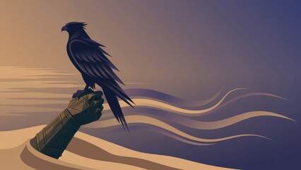 Obraz premium Dark raven bird perching on ancient cybernetic hand, standing in a vast desert landscape at twilight, concept of future and past