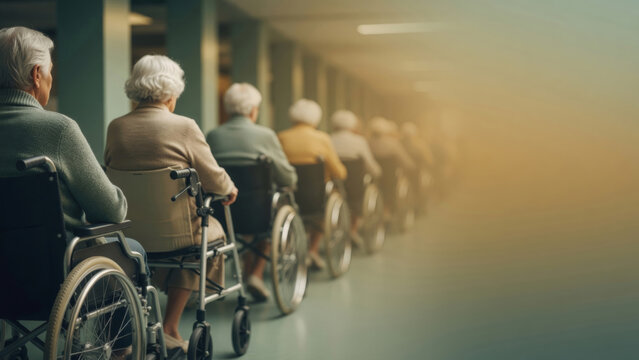 Elderly patients lining up in a hospital hallway, representing themes of aging, healthcare, and medical waiting