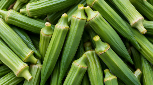 Fresh, vibrant green okra pods (Abelmoschus esculentus) create a textured full-frame background, showcasing healthy organic produce