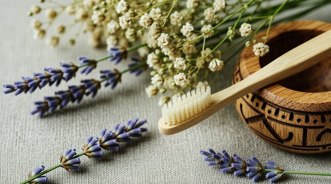 Natural bamboo toothbrush rests in wooden holder near lavender and tiny flowers. Eco friendly dental care item promotes sustainable oral hygiene and zero waste living.