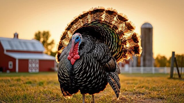 Male turkey strutting on farm at golden sunset