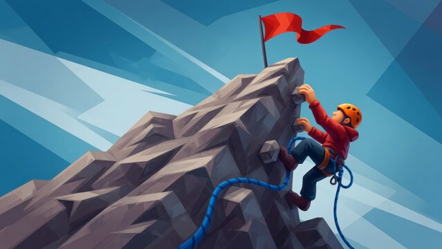 Person climbing mountain reaching red flag on peak representing goal achievement and success