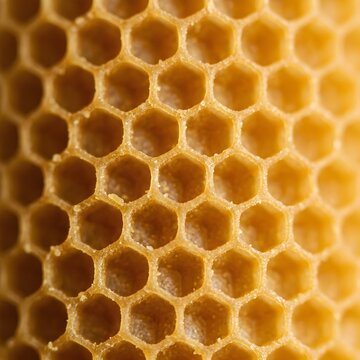 Close up of hexagonal honeycomb cells with rich golden texture detailed macro photography of natural beeswax structure ideal for organic product