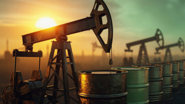 Oil pumpjacks working at sunset, barrels of crude petroleum on a field, fossil fuel industry power