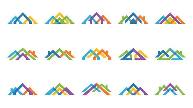 Geometric colorful house roof line icons for branding design.